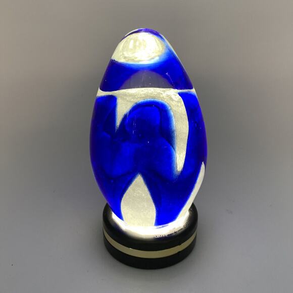Art Glass Cone Shape Cobalt Blue And White Paper Weight 5” Tall - Picture 4 of 6